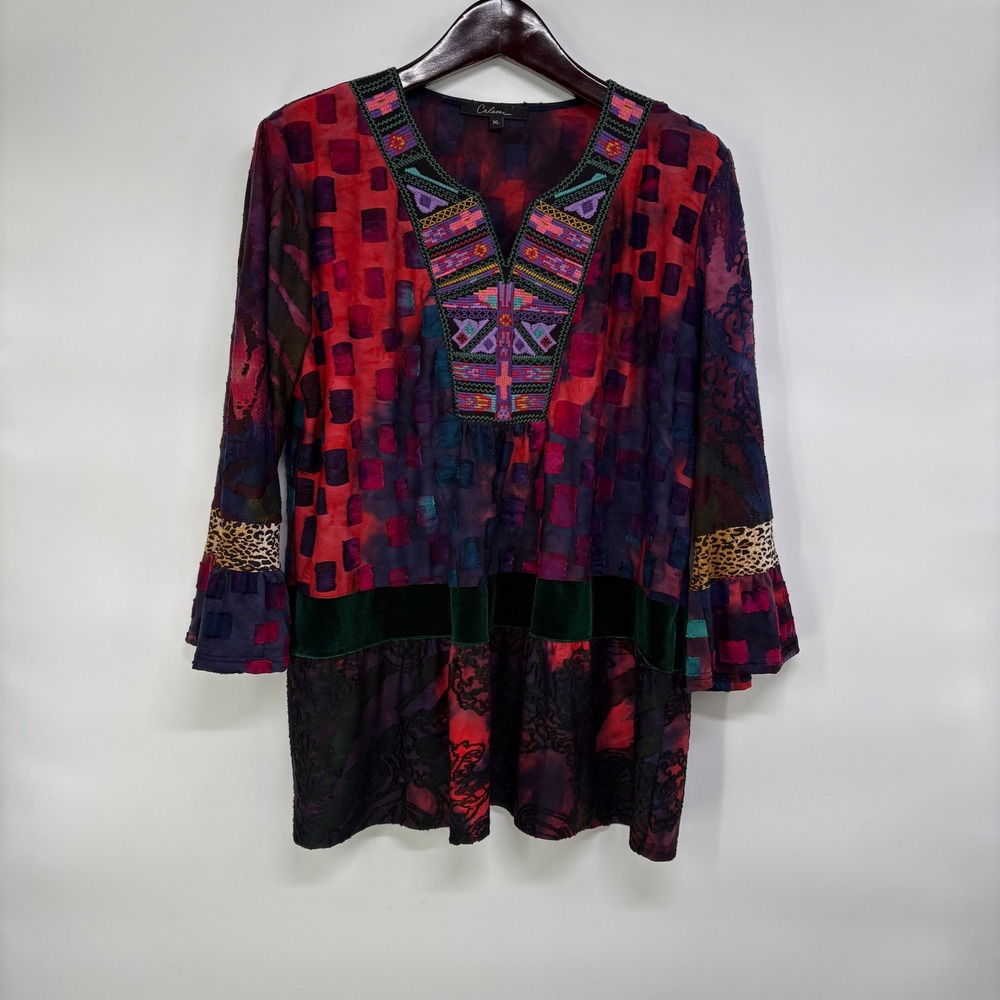 Caleesa‎ Women XL Mixed Media Burnout Velvet Tunic Embroidered Boho Peplum Top